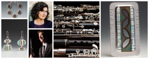 A collage of photos of artists, clarinets and craft jewelry.